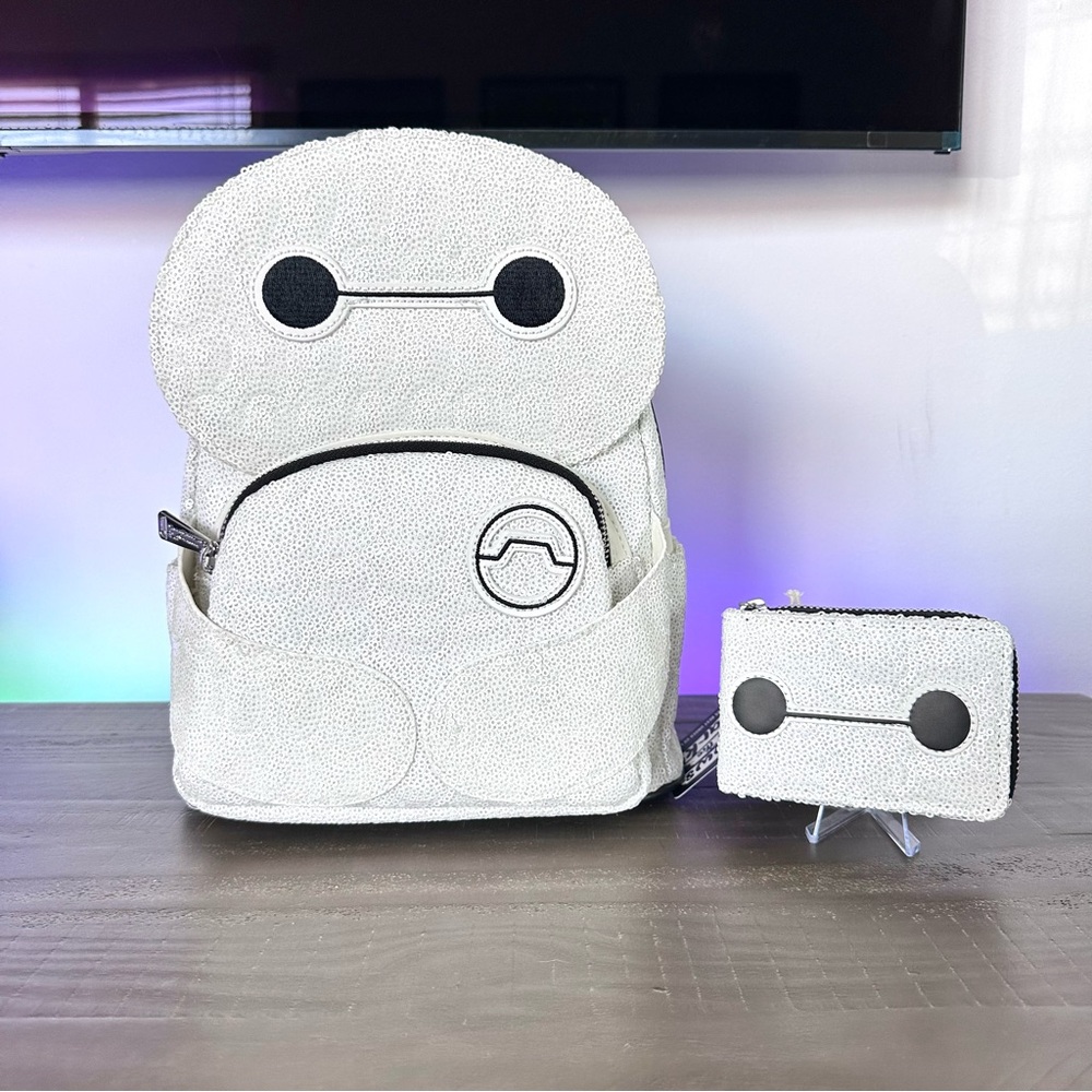 Loungefly D23 Exclusive Big Hero 6 Baymax Sequin GITD Mini Backpack + Wallet NWT